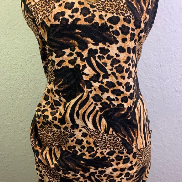 URBAN OUTFITTERS Dress Mini Mixed Animal Smocked Back Spaghetti Strap‎ Bodycon - Picture 5 of 13